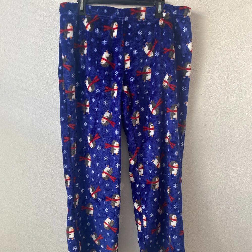 Donna Loren ski penguin with scarf Blue pajama pants Plush Fleece Soft Size L